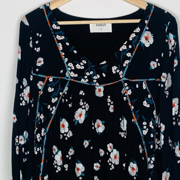 Ba&sh Floral Smock Blouse Bright Black V Neck 3/4 Length, Size 3 / 10 / L - Picture 5 of 12